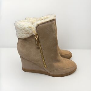 Unisa Wedge Tan Suede Ankle Winter Boots Women 8.5M Sherpa Lined Boho NEW
